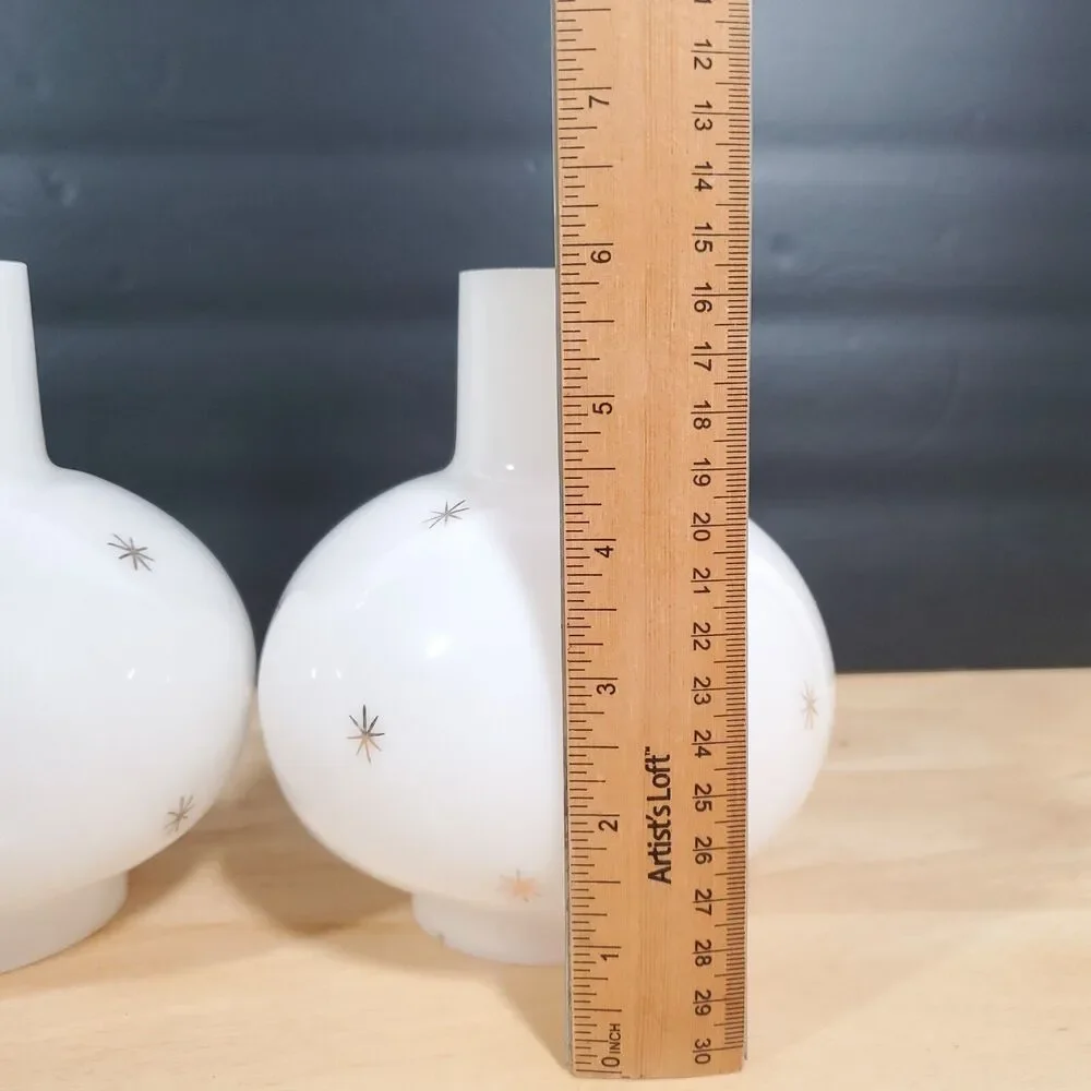 Pair of Milk Glass Atomic Star Pattern Gas Funnel Style Lamp Shades MCM Set 2