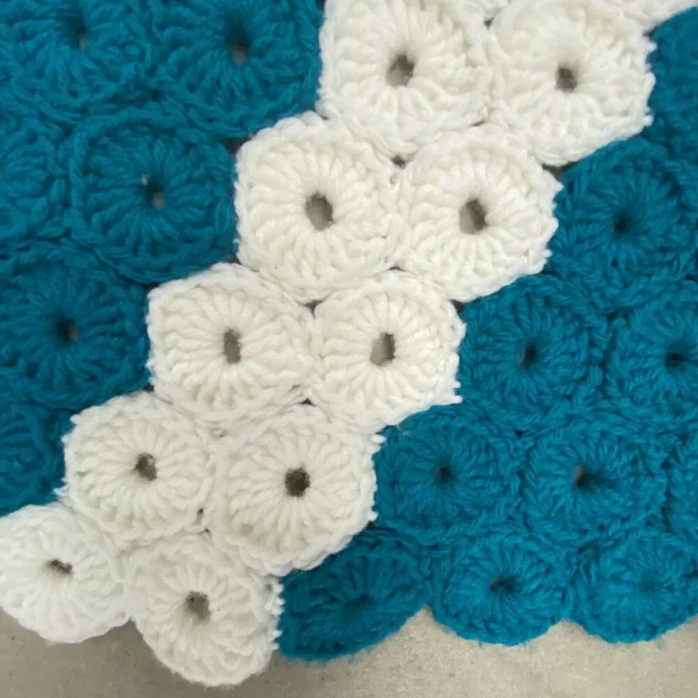 Handmade Crochet Knit Area Rug Teal Purple Yellow White Flowers 48” X 33”