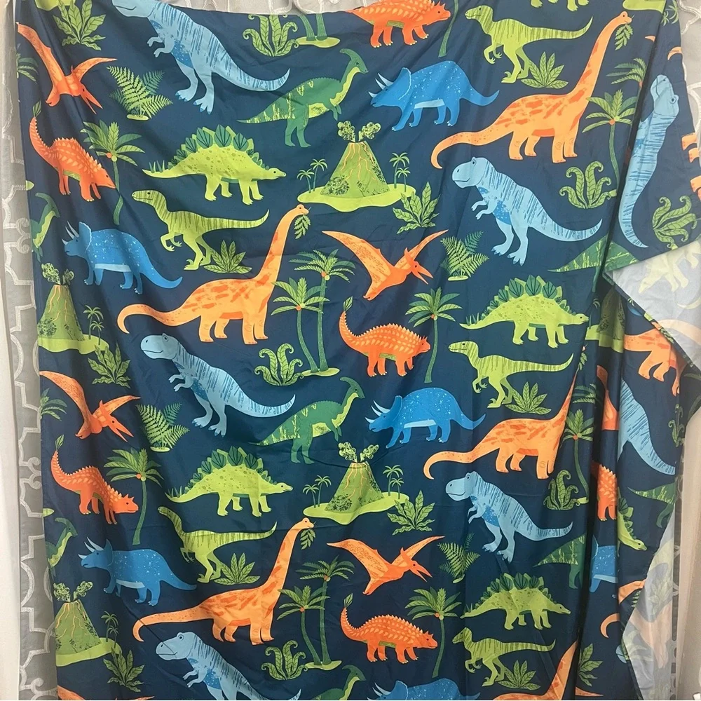 Bathroom Shower Curtain navy blue with dinosaur in blue, green and orange colors
