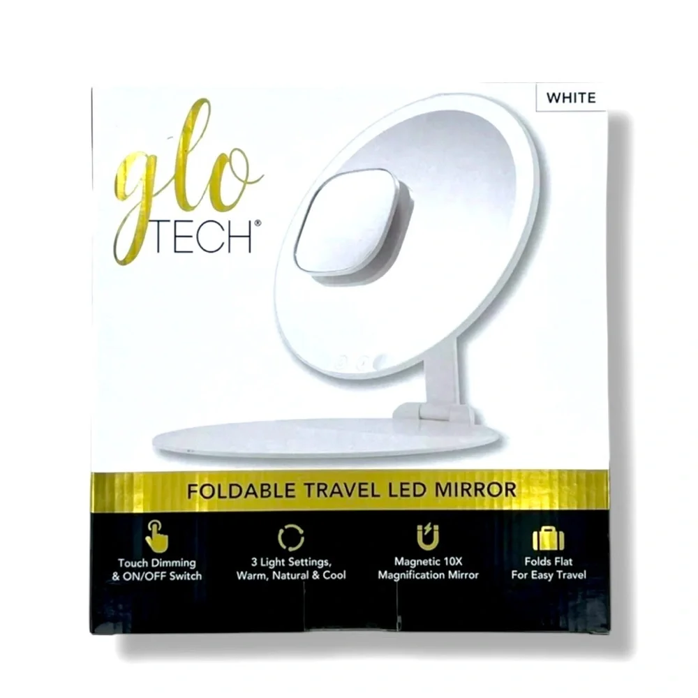 Glo-Tech Foldable Travel LED Mirror, 3 Light Settings, 10X Magnification