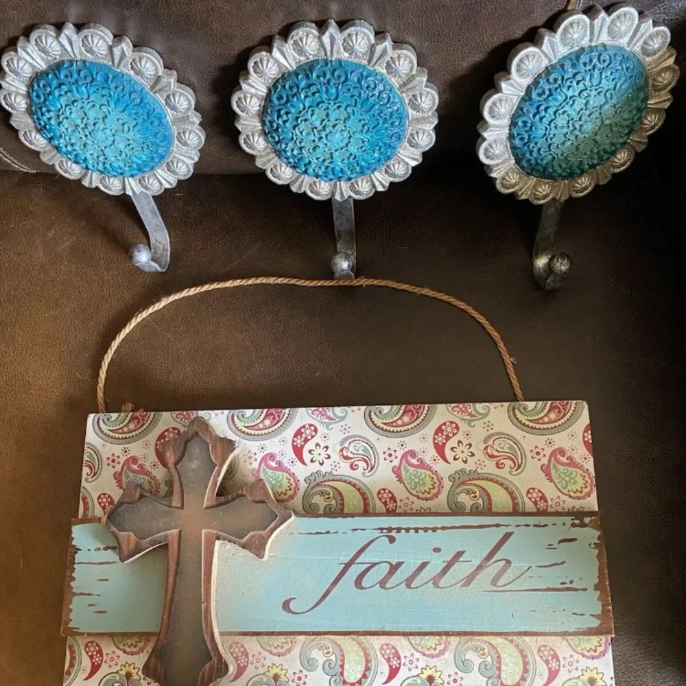 Inspirational Paisley, wood decor with Cross & three gorgeous turquoise hangers