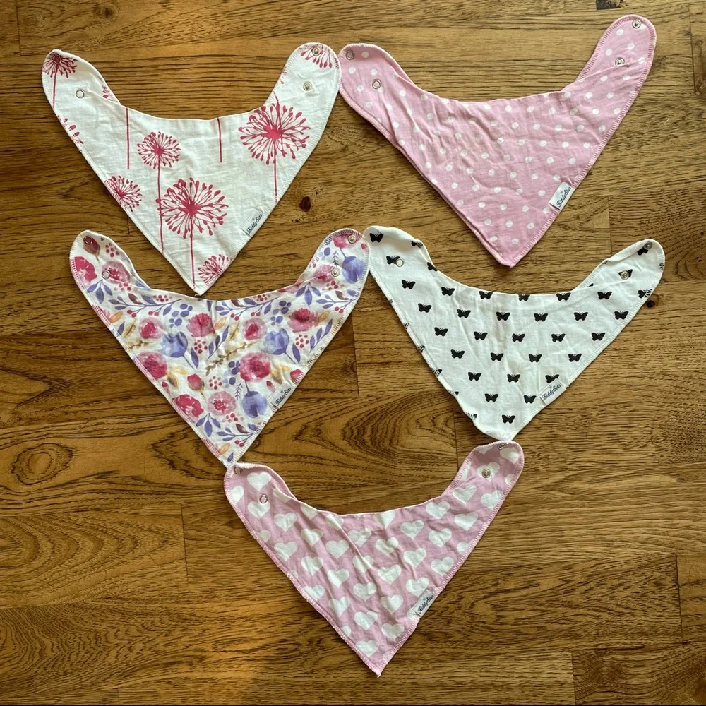 Kiddie Star Baby Girl Bandana Bins 5 Pack Bundle Floral, Hearts, Polka Dot, Pink