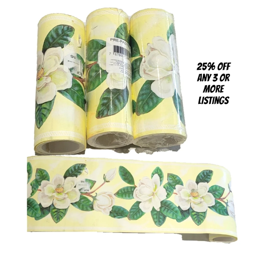 3 Pack Floral Wallpaper Border Green Leaves Gardenia Flower 4 Yards Pre Pasted