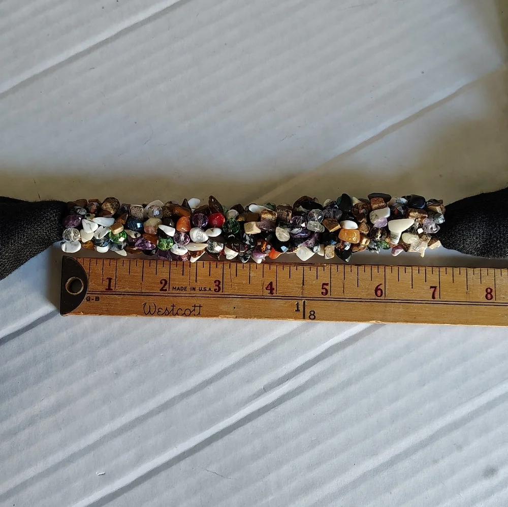 Artisan Crystal Beaded Necklace Scarf Stone Chips Nuggets Wrapped Fringe Black