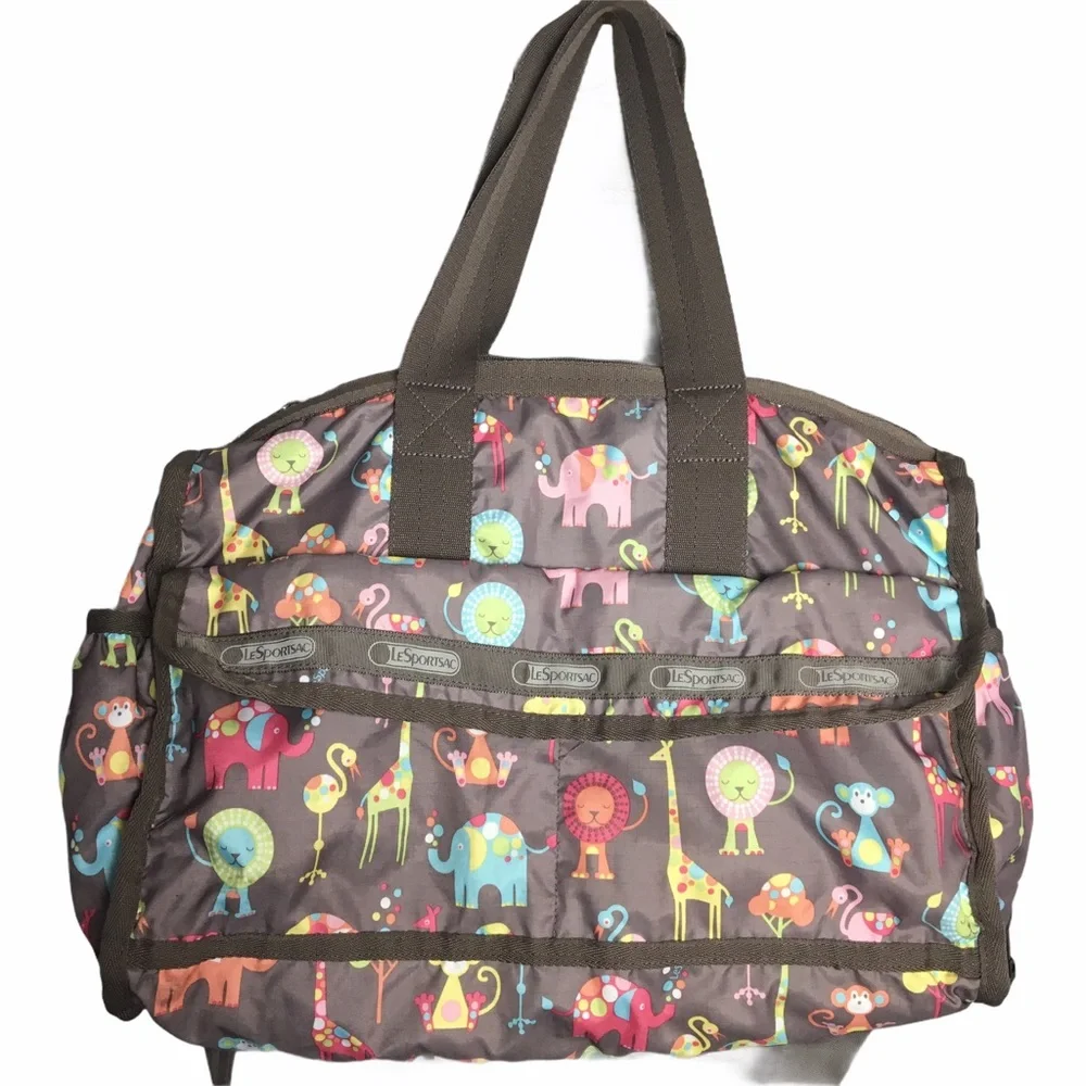 LESPORTAC Classic Diaper Bag Brown Happy Elephants Print