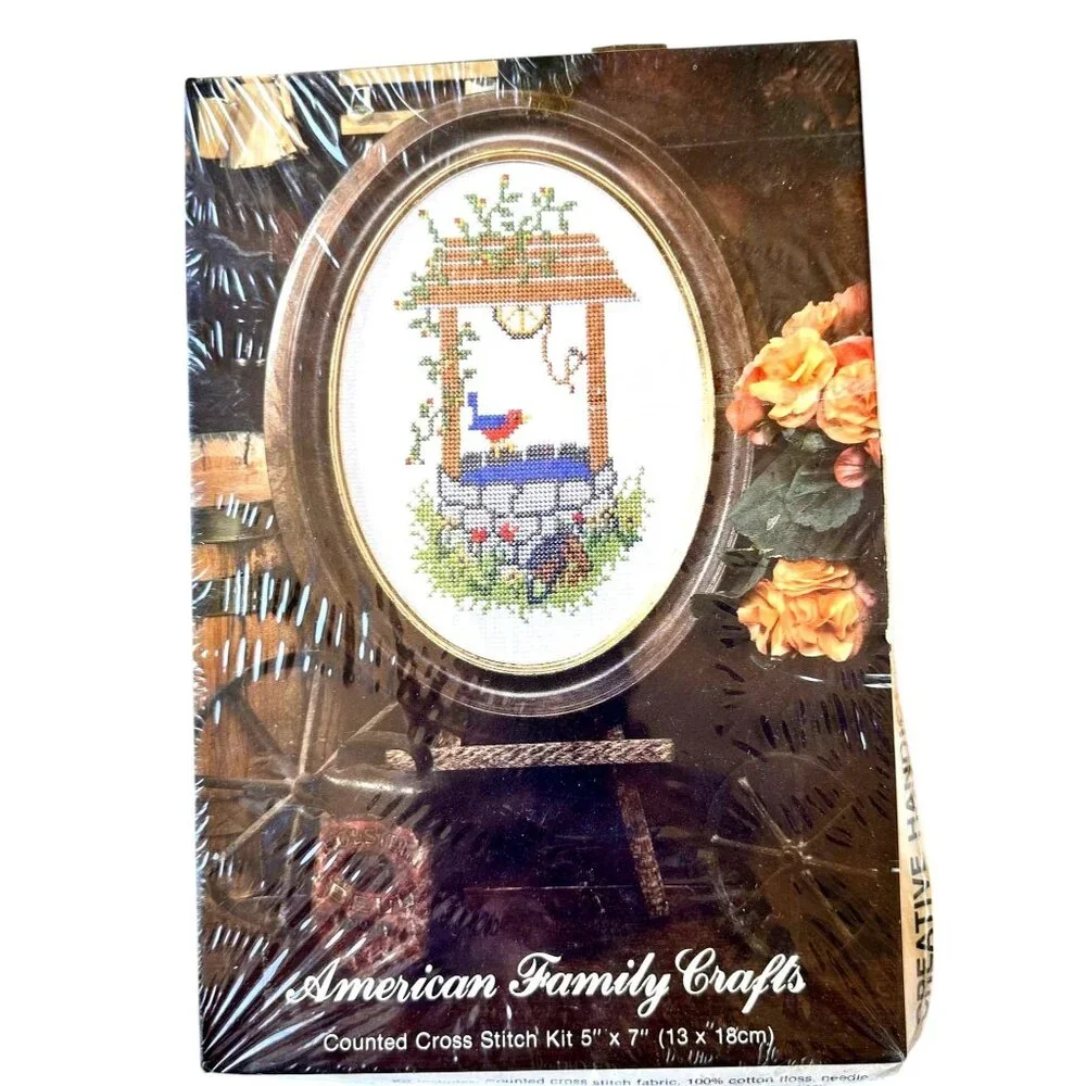 American Family Crafts Counted Cross Stitch Kit 5706 Wishing Well 5 x 7  Frame
