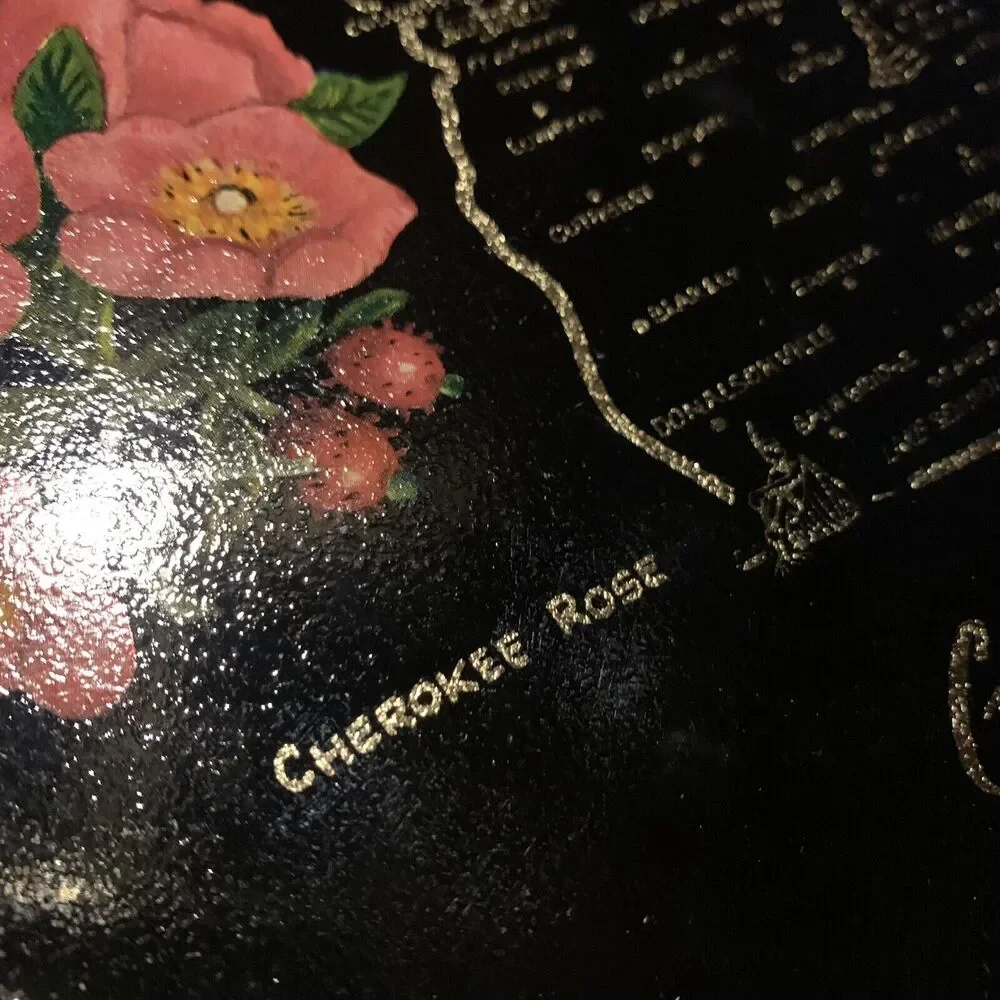 Vintage Toleway Serving Tray Georgia Cherokee Rose Black Gold Color With Flowers