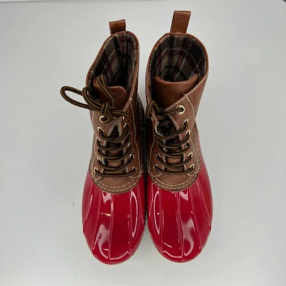 Dr Scholl's Women's Red Brown Lace-Up Sleek Waterproof Size 7 Rain Duck Boots