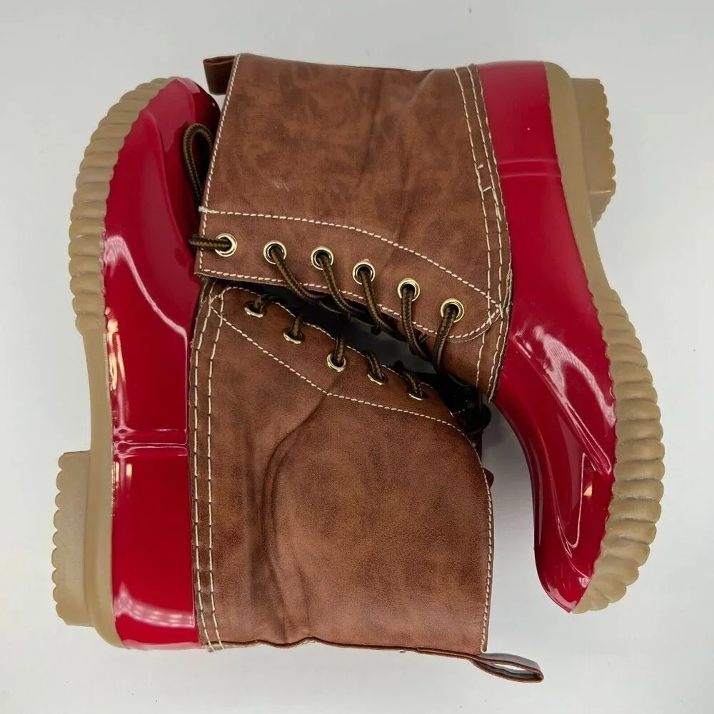 Dr Scholl's Women's Red Brown Lace-Up Sleek Waterproof Size 7 Rain Duck Boots