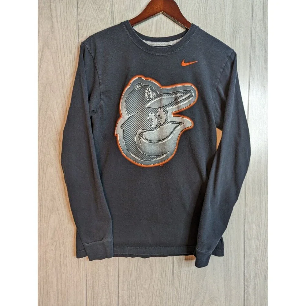 Nike Baltimore Orioles Bird Logo Tee Mens Size Small S Black Long Sleeve Chrome