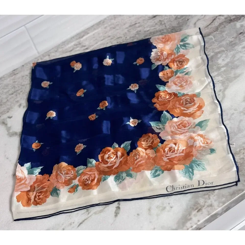 Auth Christian Dior Colorful Floral Stripe Silk Scarf 34 By 34