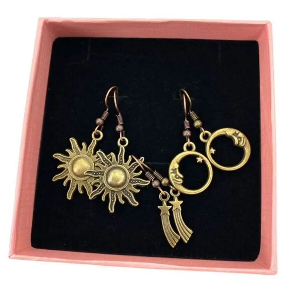 Sun, Moon, and Shooting Stars Bronze Celestial Earrings Lot