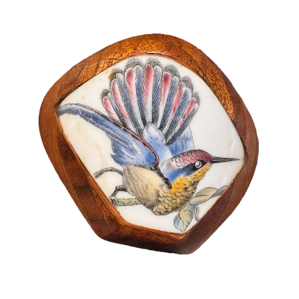 Vintage Wood Framed Porcelain Hummingbird Brooch Pendant Wearable Art
