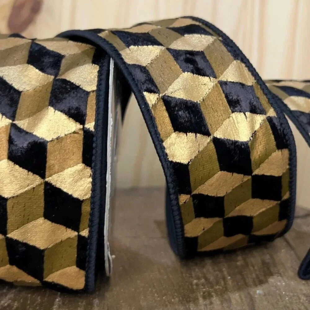 2.5 Inch 3D Cube Black and Gold Wired Ribbon Holiday Craft Supplies