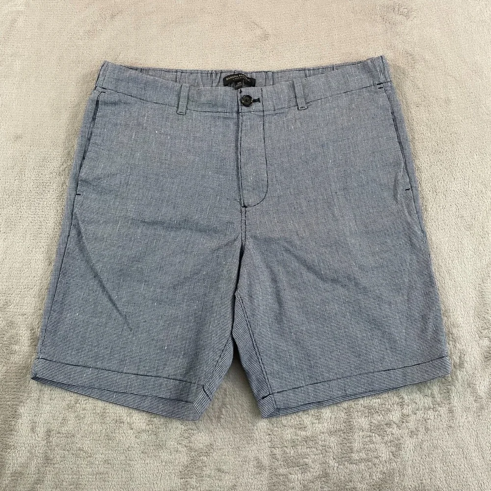 Banana Republic Aiden Shorts Men 35 Blue Houndstooth Linen Blend Chino Casual