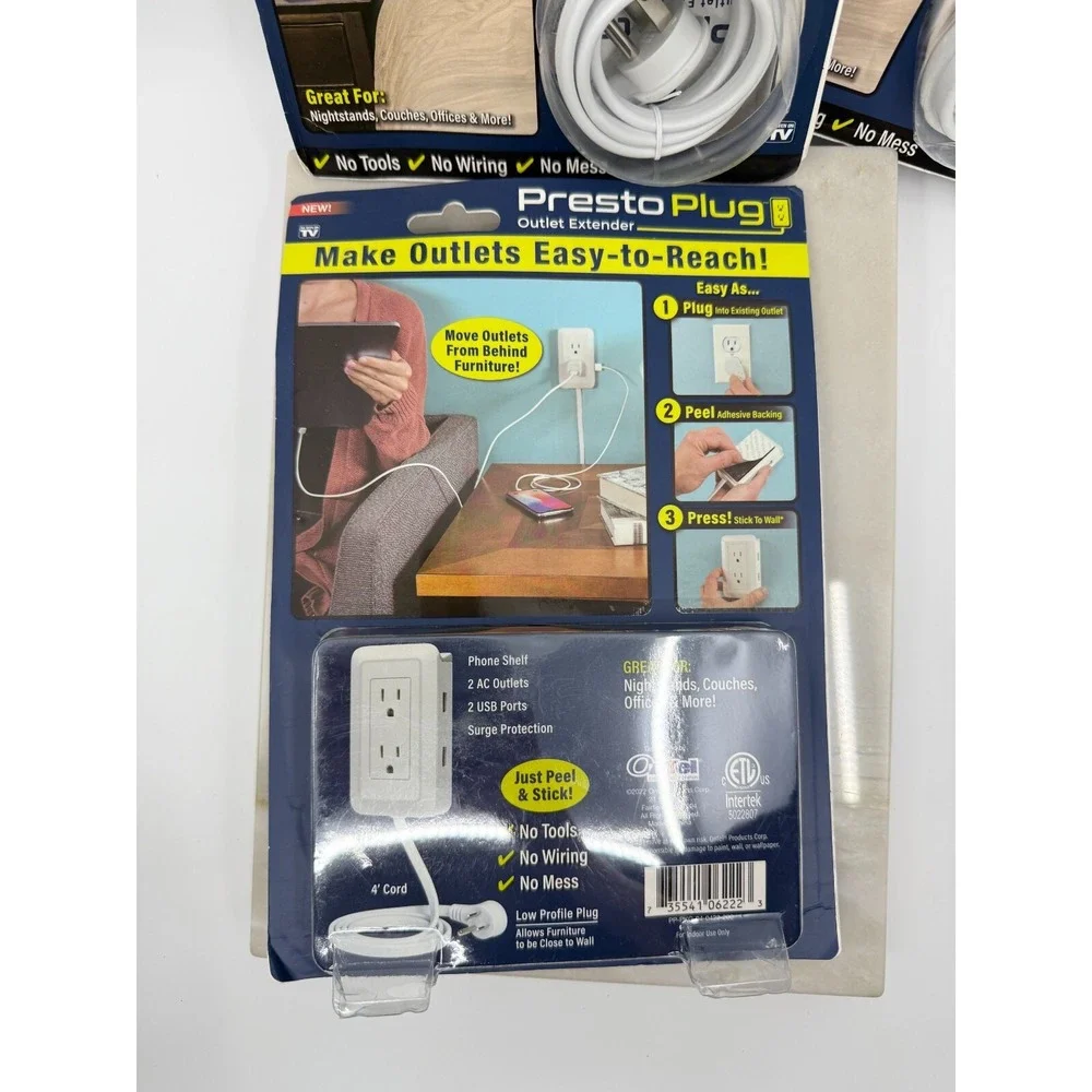 Presto Plug Wall Outlet Extender 4 ft Cord Peel & Stick Set Of Three No Mess