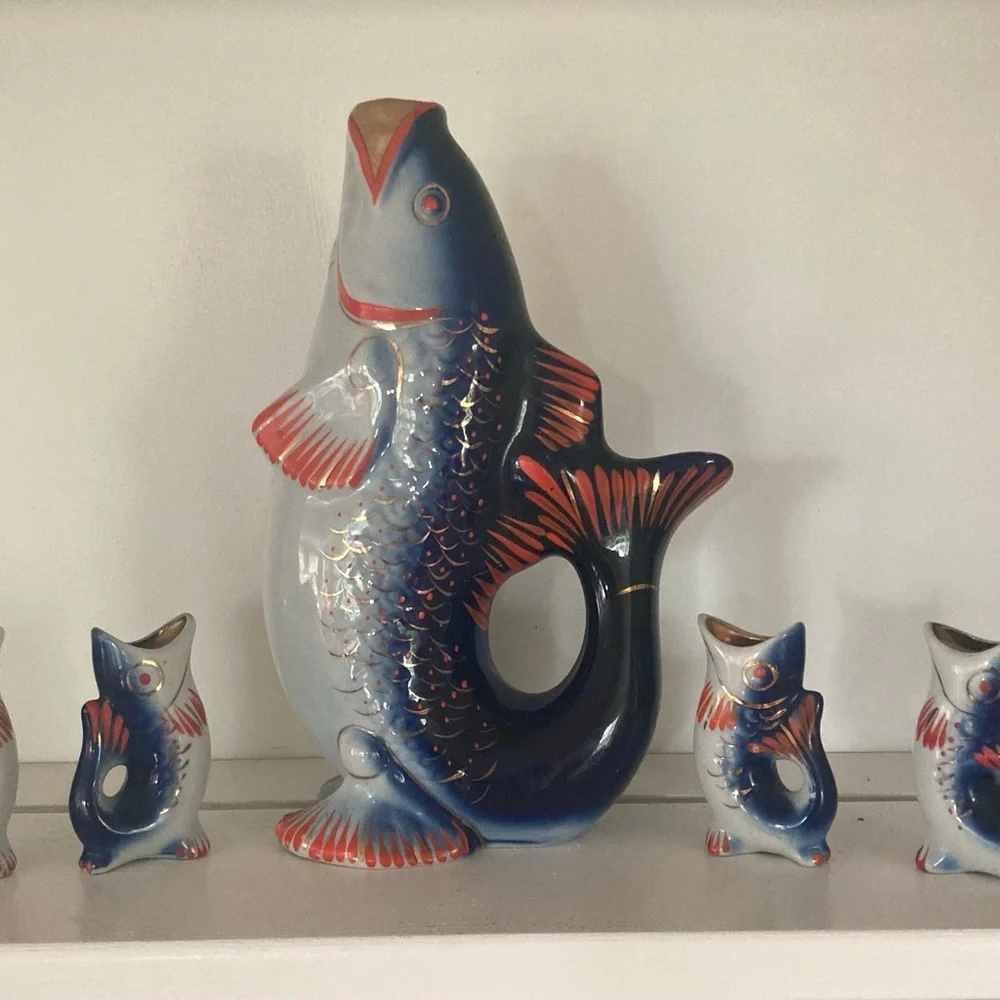 Ceramic Fish Figurine Set - Blue and Red