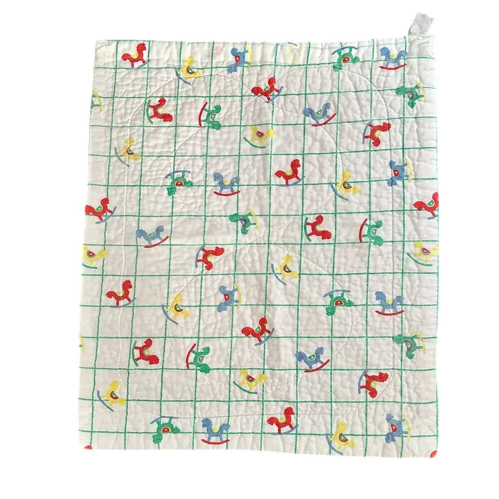 Vintage 80s Quilted White Green Grid Rainbow Rocking Horse Print Baby Blanket