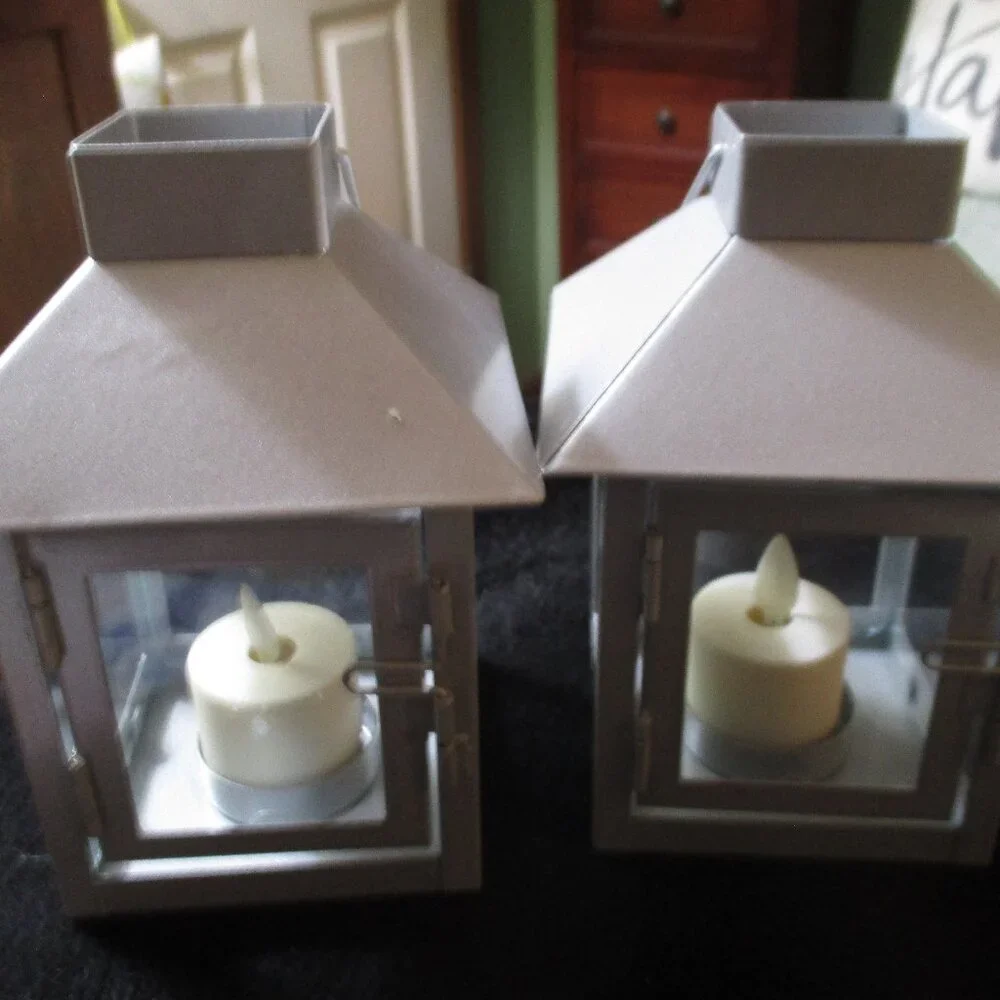 Set of Two Small Metal Lanterns w/Fickering Votive Lights