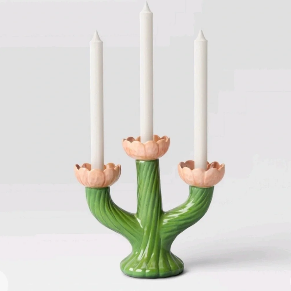 THRESHOLD NWT ceramic floral candelabra -pink/green