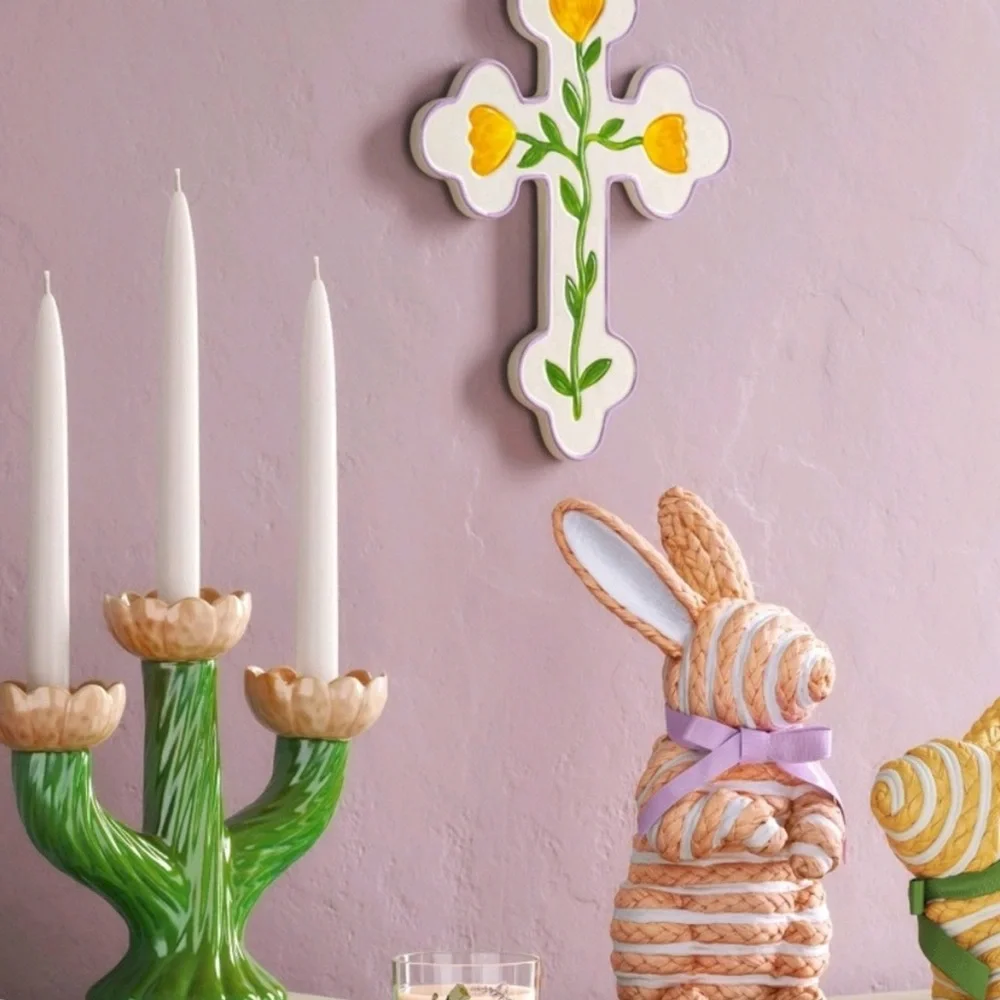 THRESHOLD NWT ceramic floral candelabra -pink/green