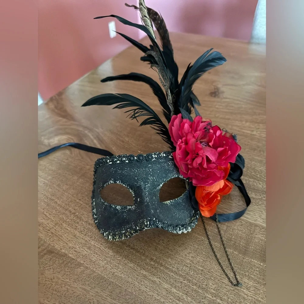 Masquerade Mask Pink Orange Flowers and Feathers