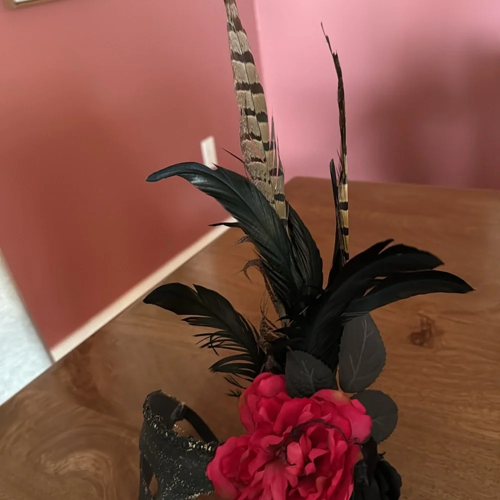 Masquerade Mask Pink Orange Flowers and Feathers