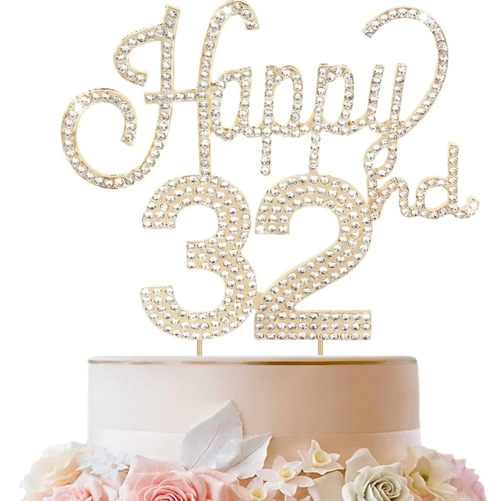 Gold rhinestone 'Happy 32nd' Cake Topper