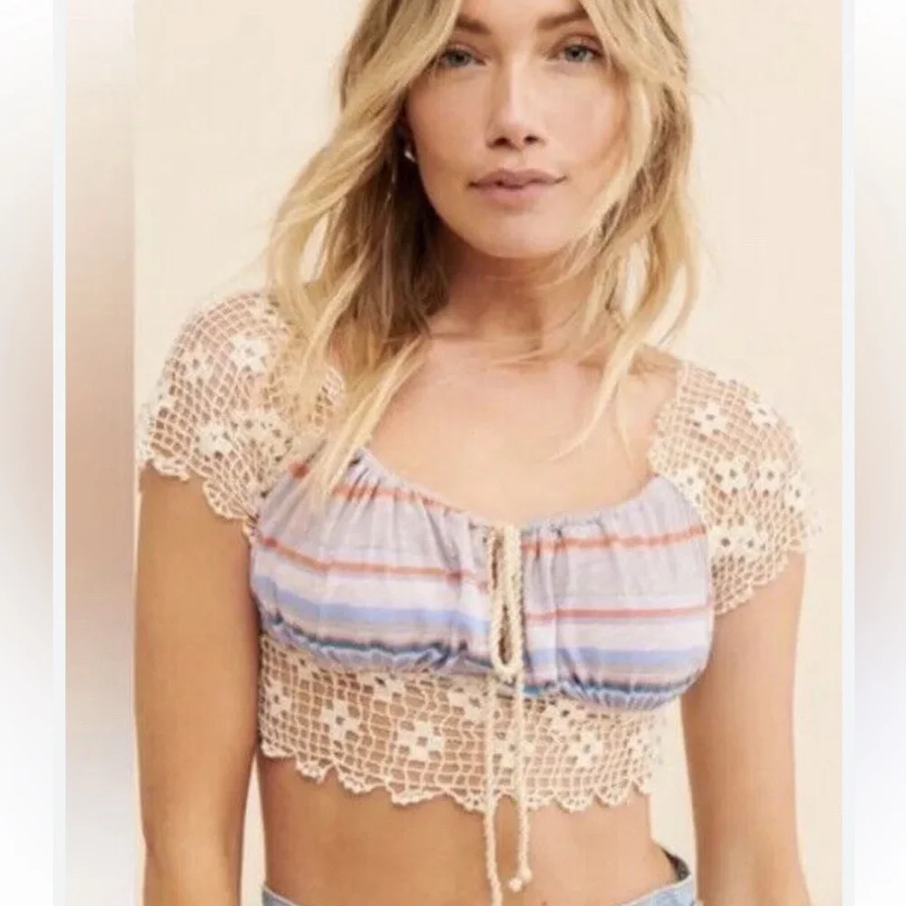 Free People Women’s S Aruba Crochet Striped Bohemian Hippie Festival Crop Top