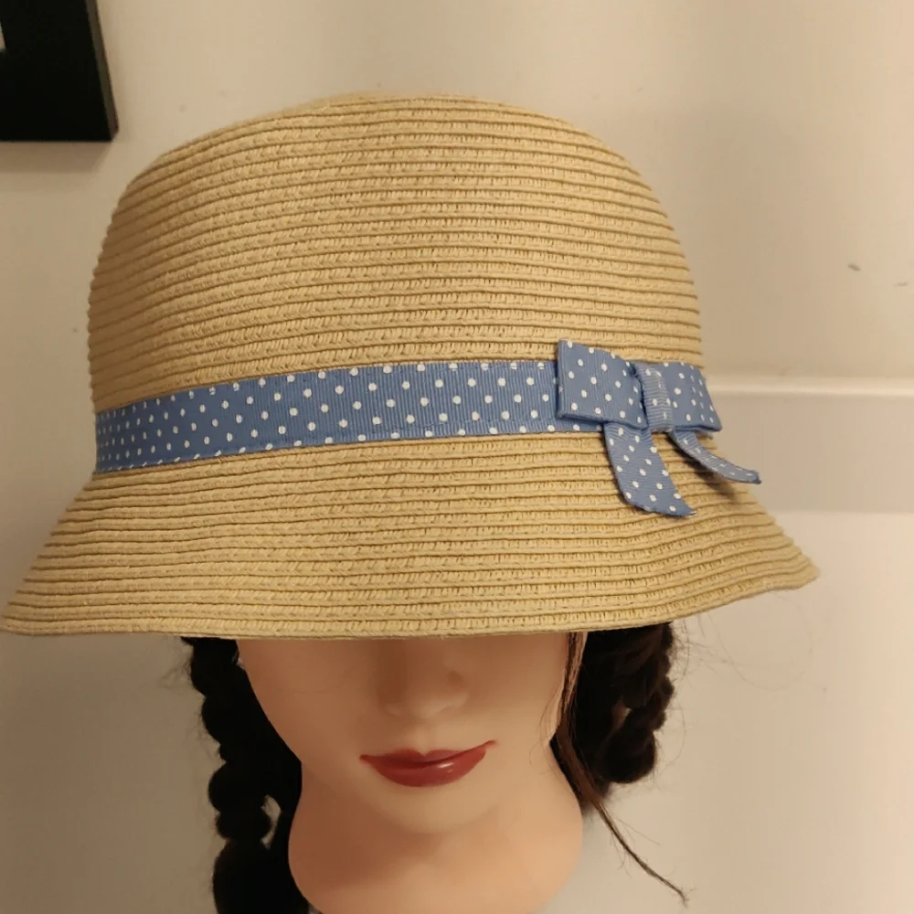 Gymboree Girl's Sun Hat Bucket Beige Stylish Tan Blue Polka Dot Ribbon Y2K Retro