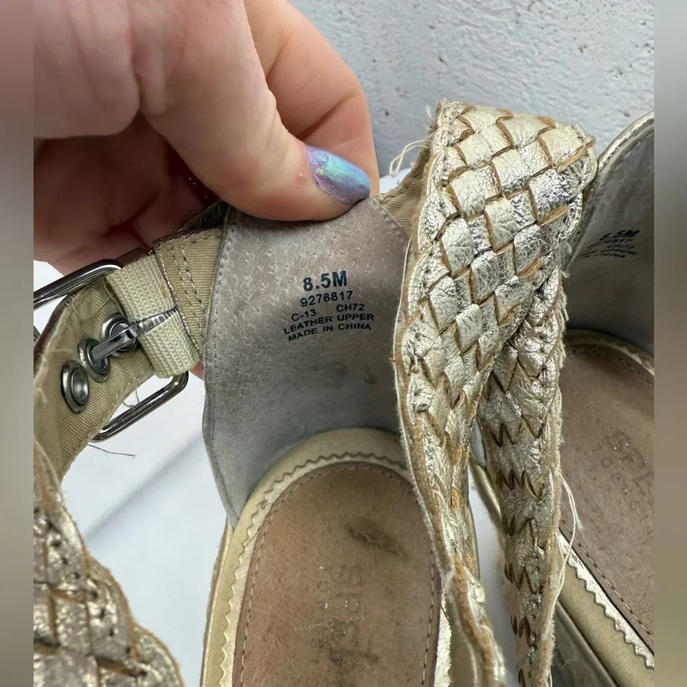 Sperry Top-Sider Wedge Leather Gold Ankle Strap Espadrille Sandals Size 8.5