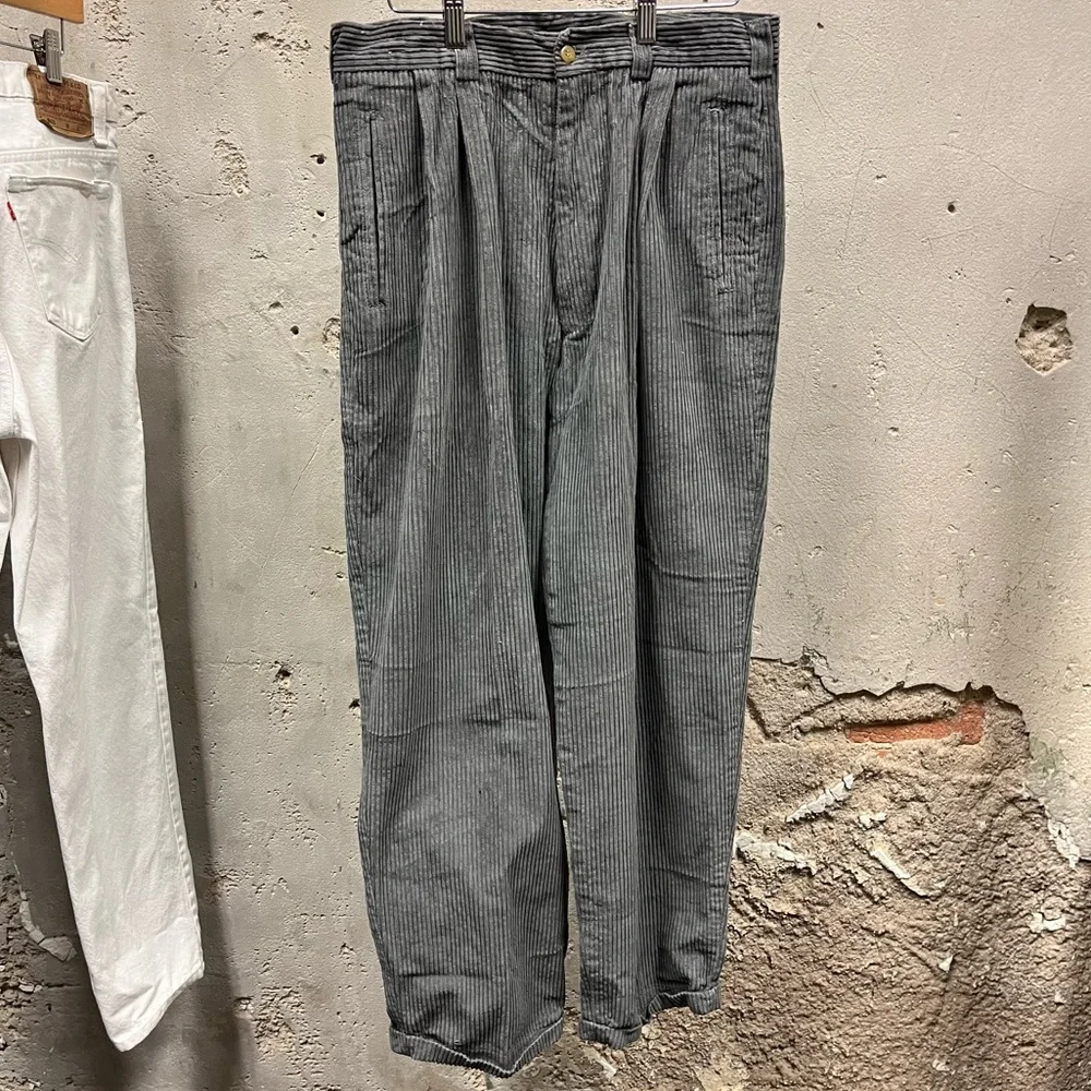 Perry Ellis Gray Corduroy Tapered Retro Pleated High Waisted Pants Hipster Y2K