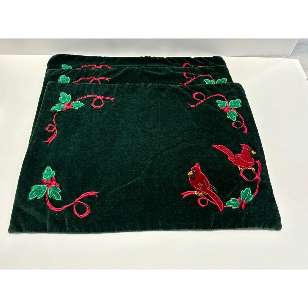 Christmas Placemats Quilted Embroidered Velvet Cardinal Holly Set of 4 13x17