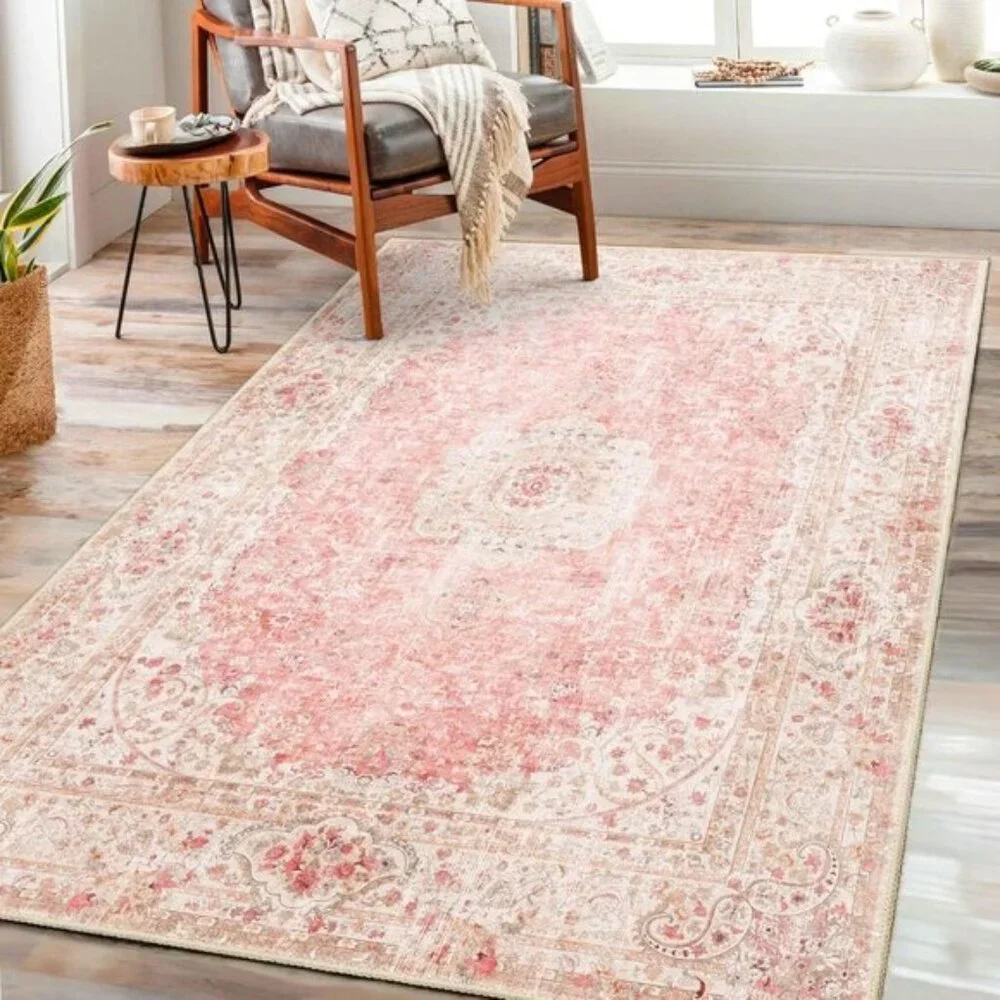 New 3x5 Pink Area Rug, Washable, Non-Slip Vintage Distressed Carpet for Bedroom