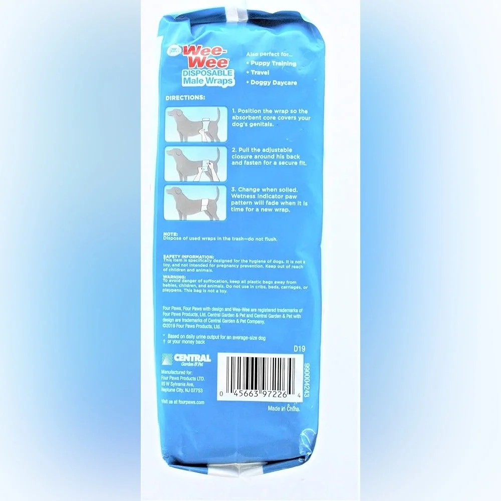 Male Dog Wraps Disposable X-Small/Small (1 pack with 12 wraps) Wee-Wee Four Paws