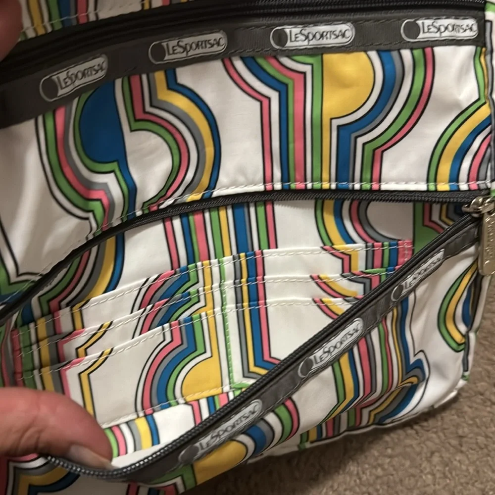 LeSportSac Crossbody Bag-Nylon Retro Print-Wide Gray Strap-3 Zip Compartments