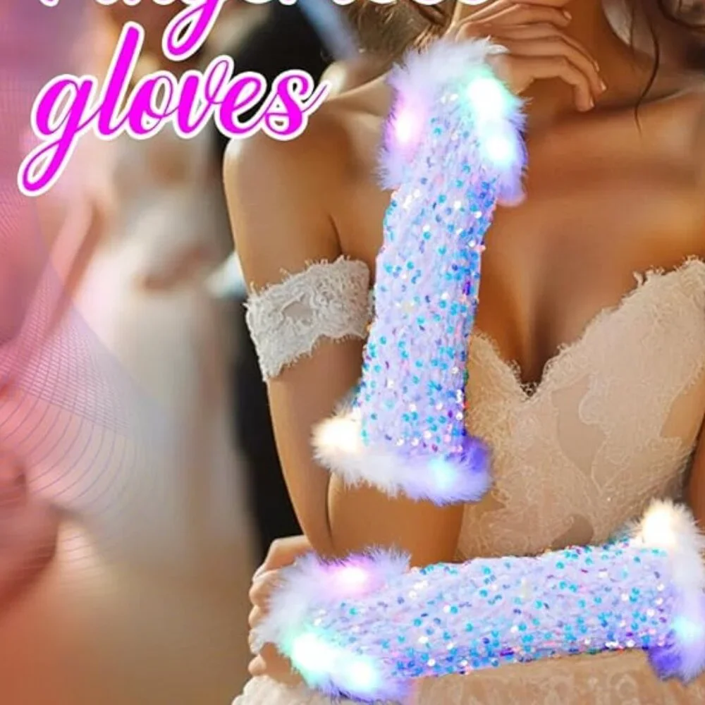 Light up Sequin Feather Gloves