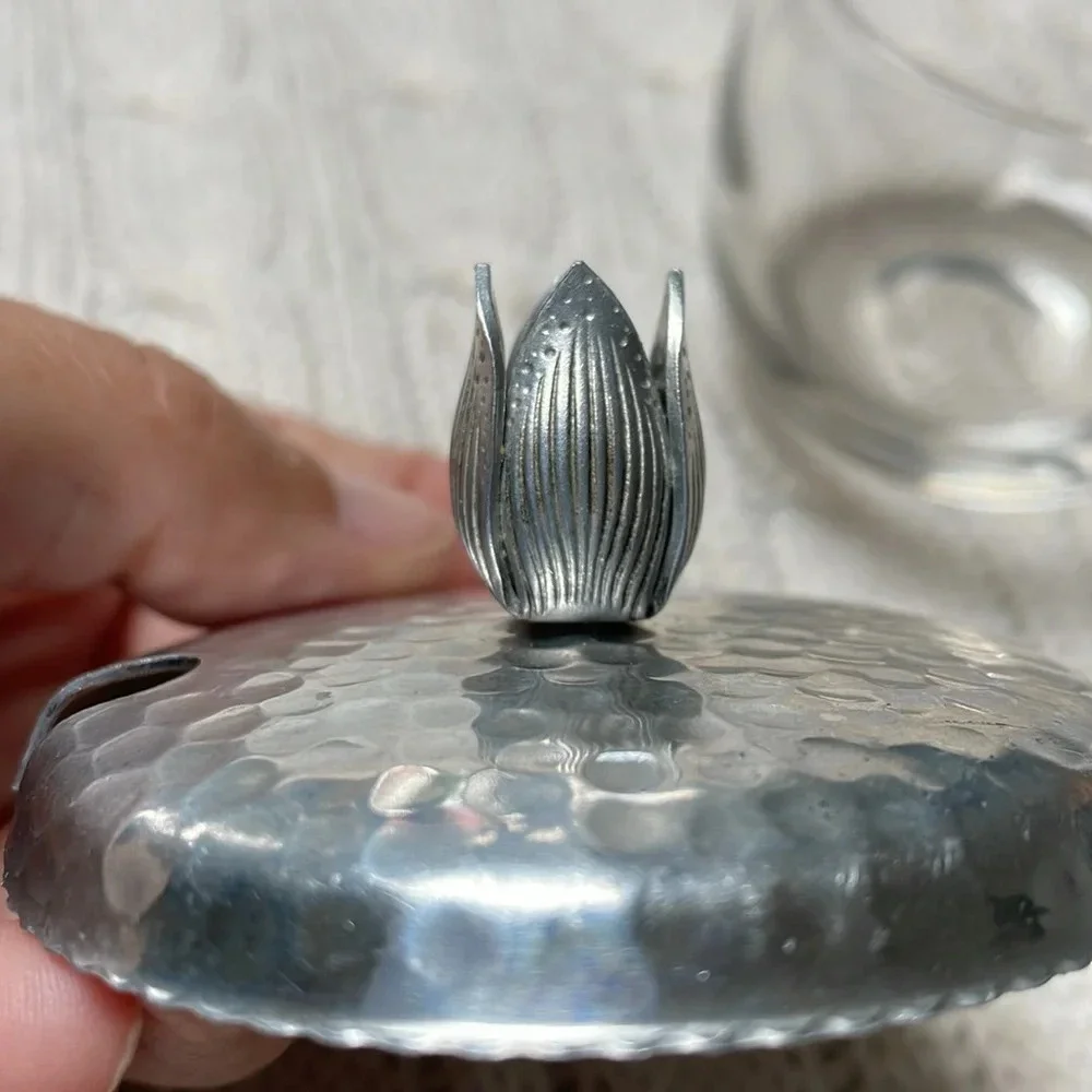 Vintage MCM Hammered Aluminum And Glass Jelly Jar With Lid with flowering knob