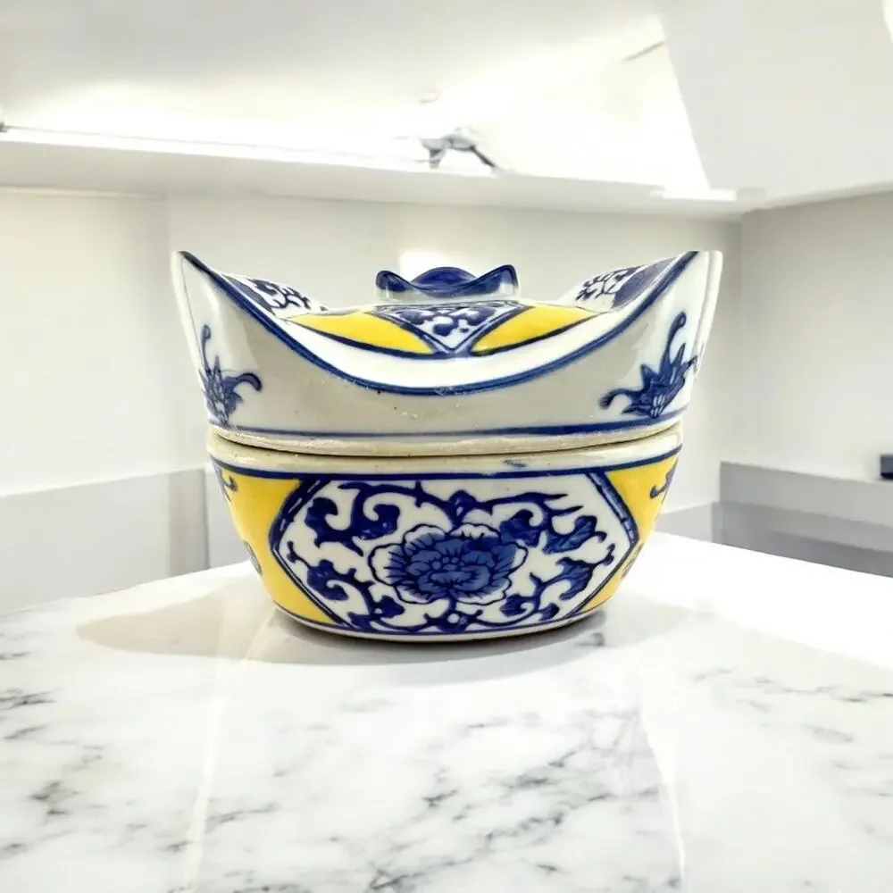 Chinese Vintage 1950s White, Yellow, and Blue Lucky Ingots Shaped Porcelain Box