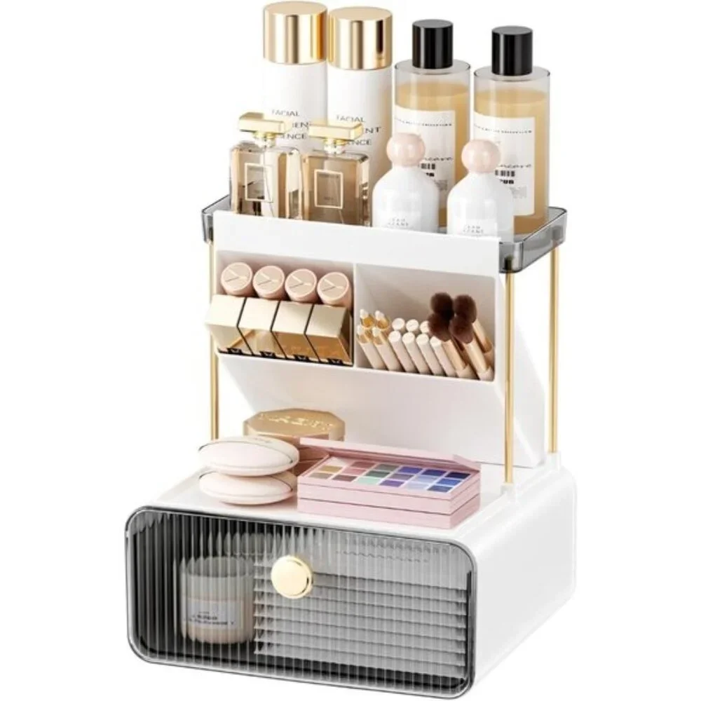 New 2-Tier Amber Makeup Organizer for Versatile Vanity & Room Counter Storage