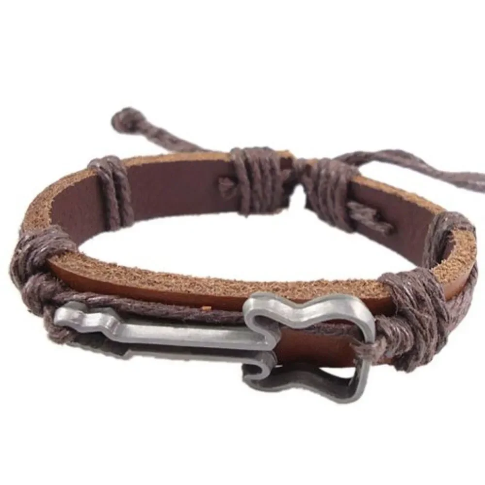 Guitar Outline Leather Hemp Adj Bracelet Brown Leather, Brown Hemp – Unisex 7–8