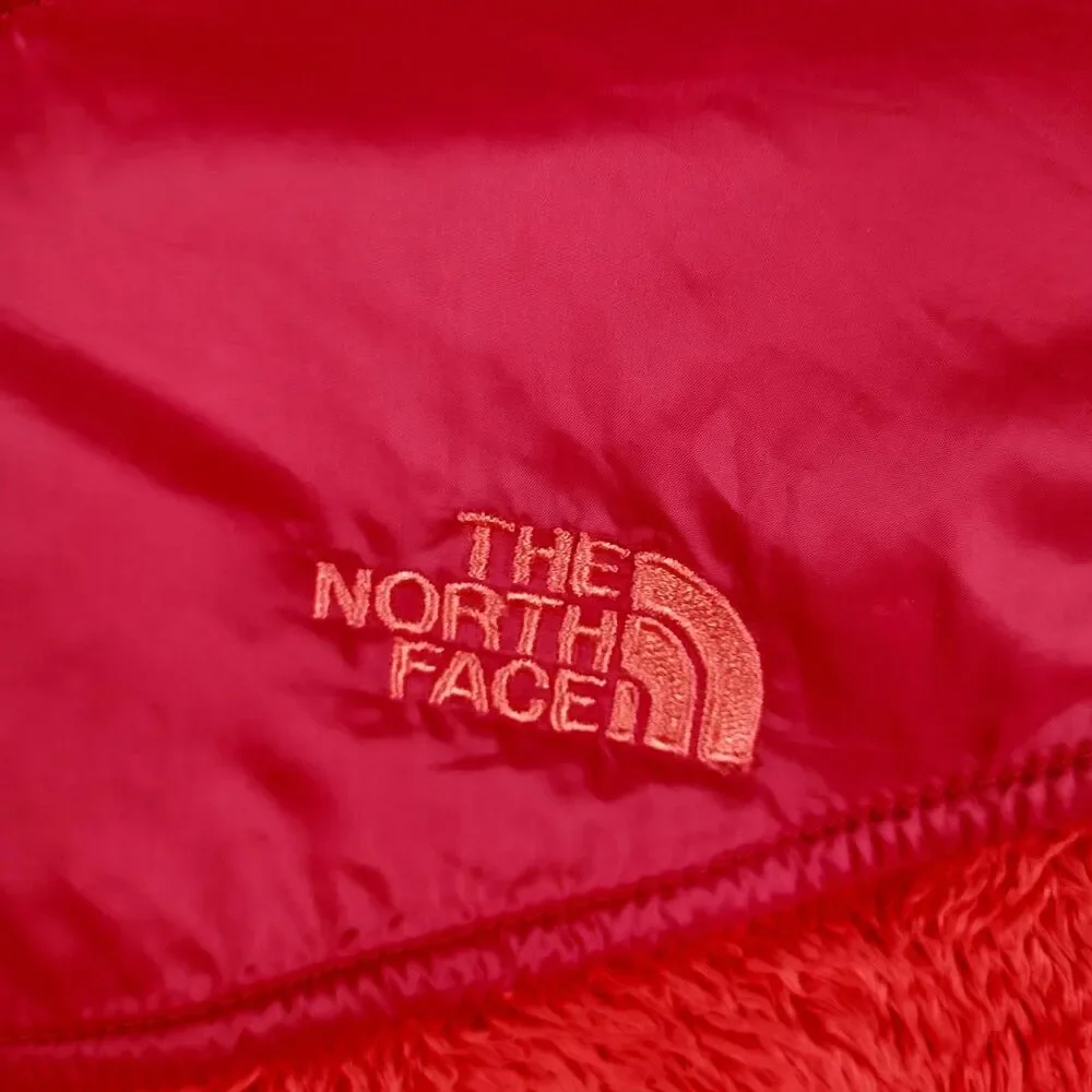 The North Face Women M Red Fuzzy Teddy Fleece Hooded Jacket Soft Zip‑Up Coat