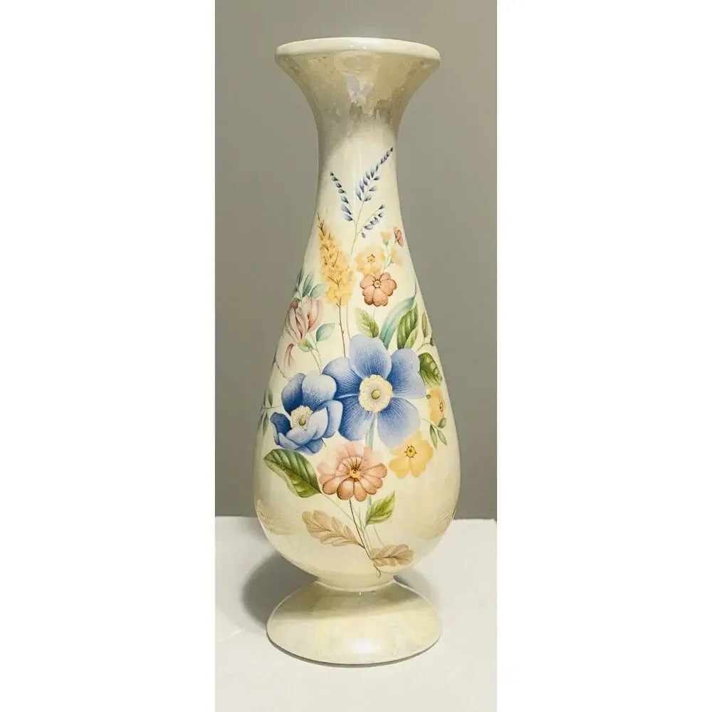Vintage Mini Bud Vase Iridescent Pearl Lustre Painted Floral Pink Yellow Blue