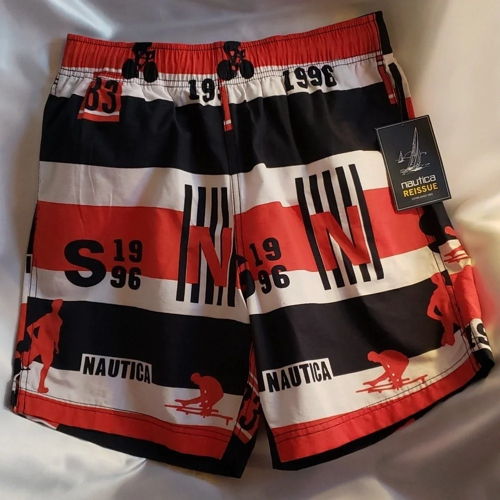Nautica Red, White & Blue Men's Striped Swim Trunks