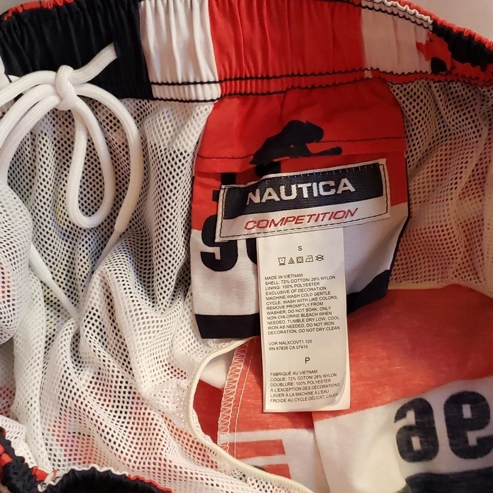 Nautica Red, White & Blue Men's Striped Swim Trunks
