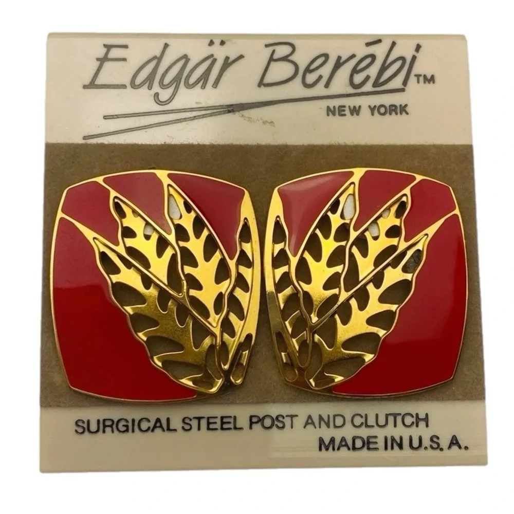 Edgar Berebi Vintage Gold Plated Red Enamel Square Earrings
