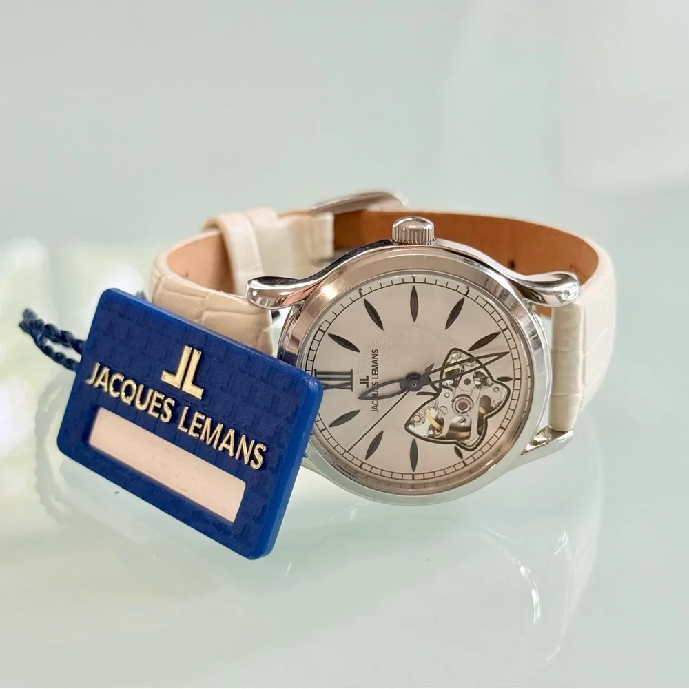 Jacques Lemans Silver Timepiece with White Face Butterfly Cutout with Gears