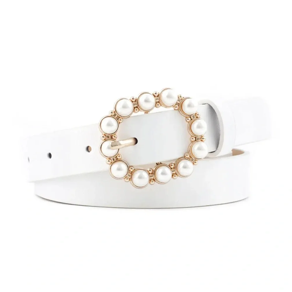 Elegant White Faux Leather Belt with Pearl-Embellished Oval Buckle