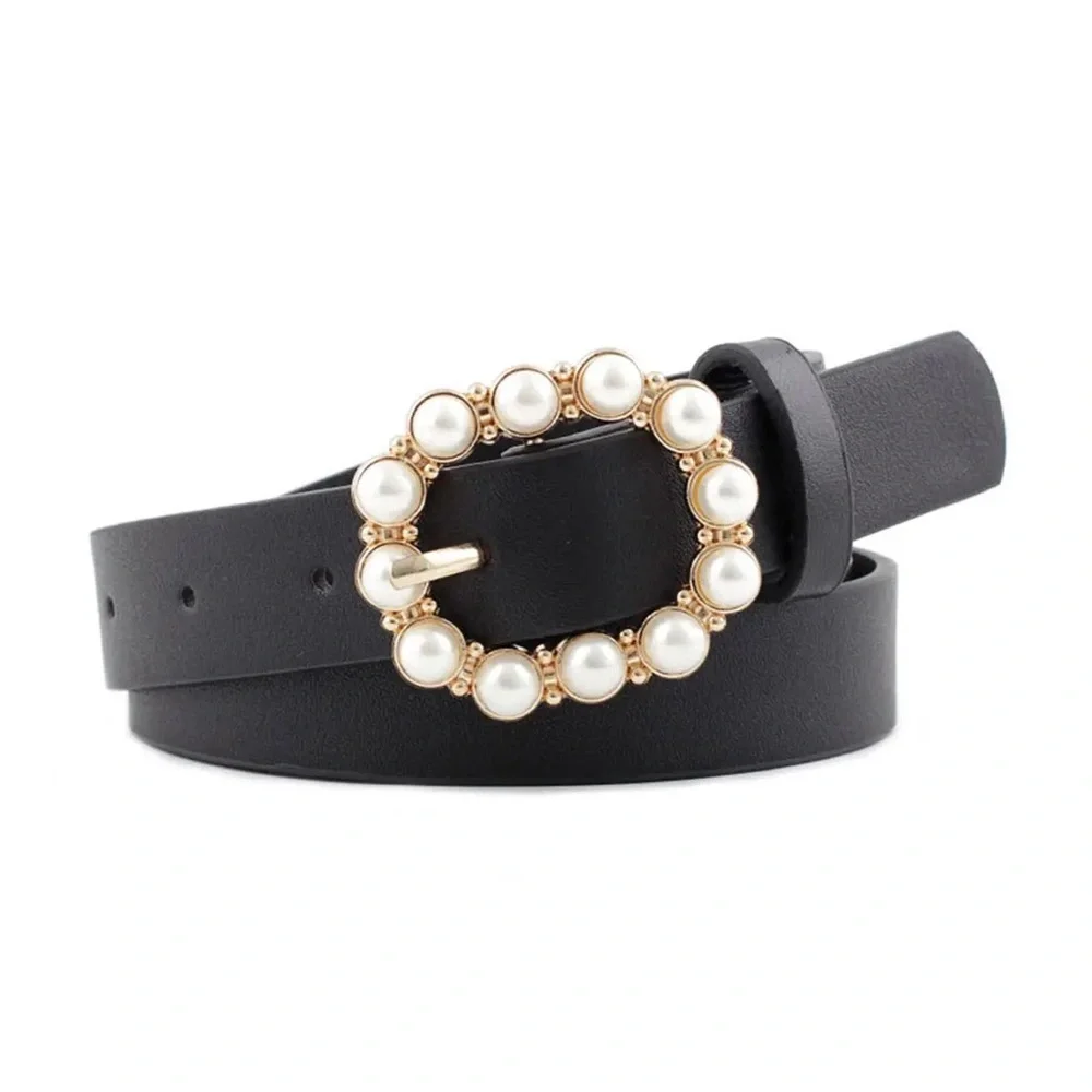 Elegant White Faux Leather Belt with Pearl-Embellished Oval Buckle