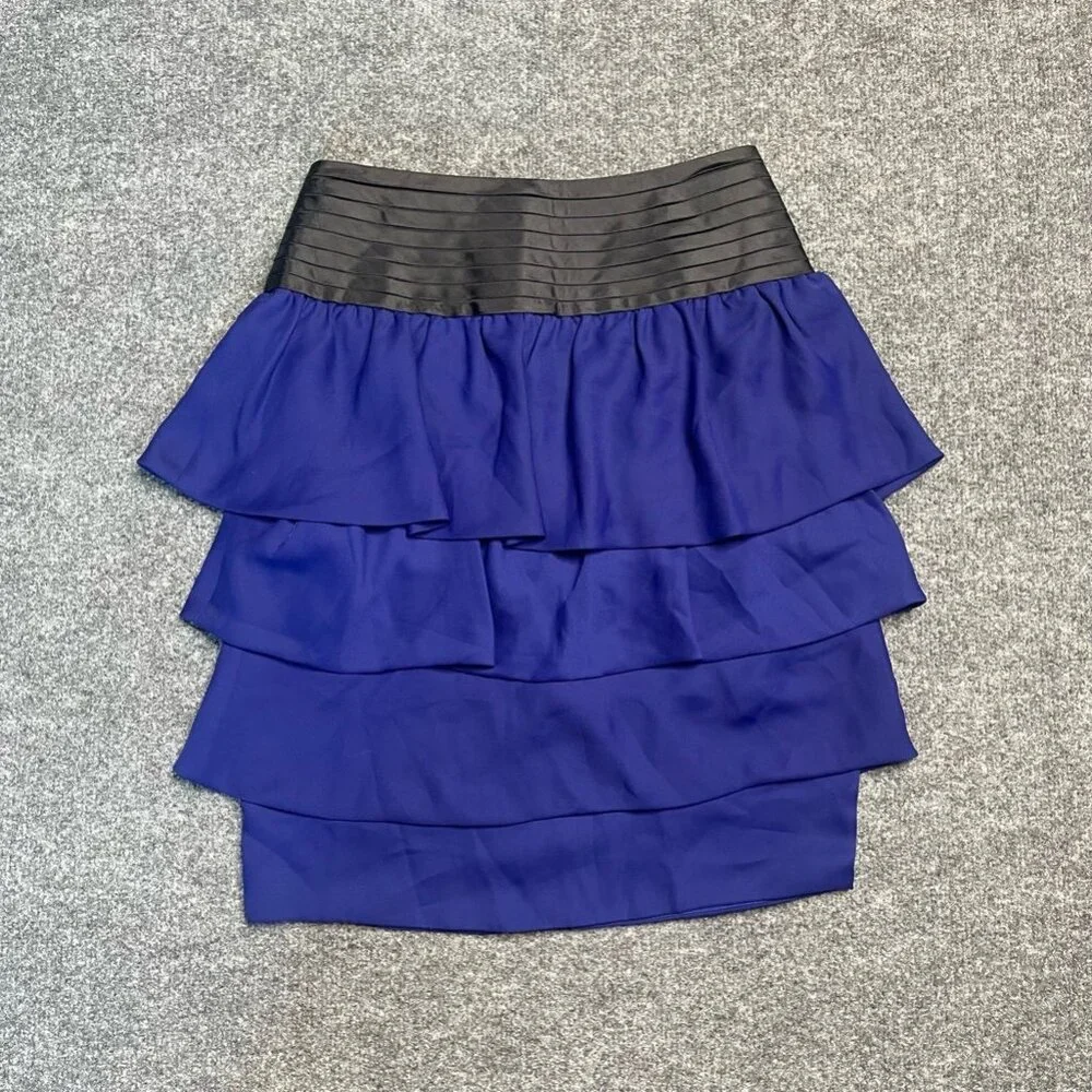 Reiss Womens Tiered Skirt Blue Black Color Block Mini Ruffles Cocktail Zip 2